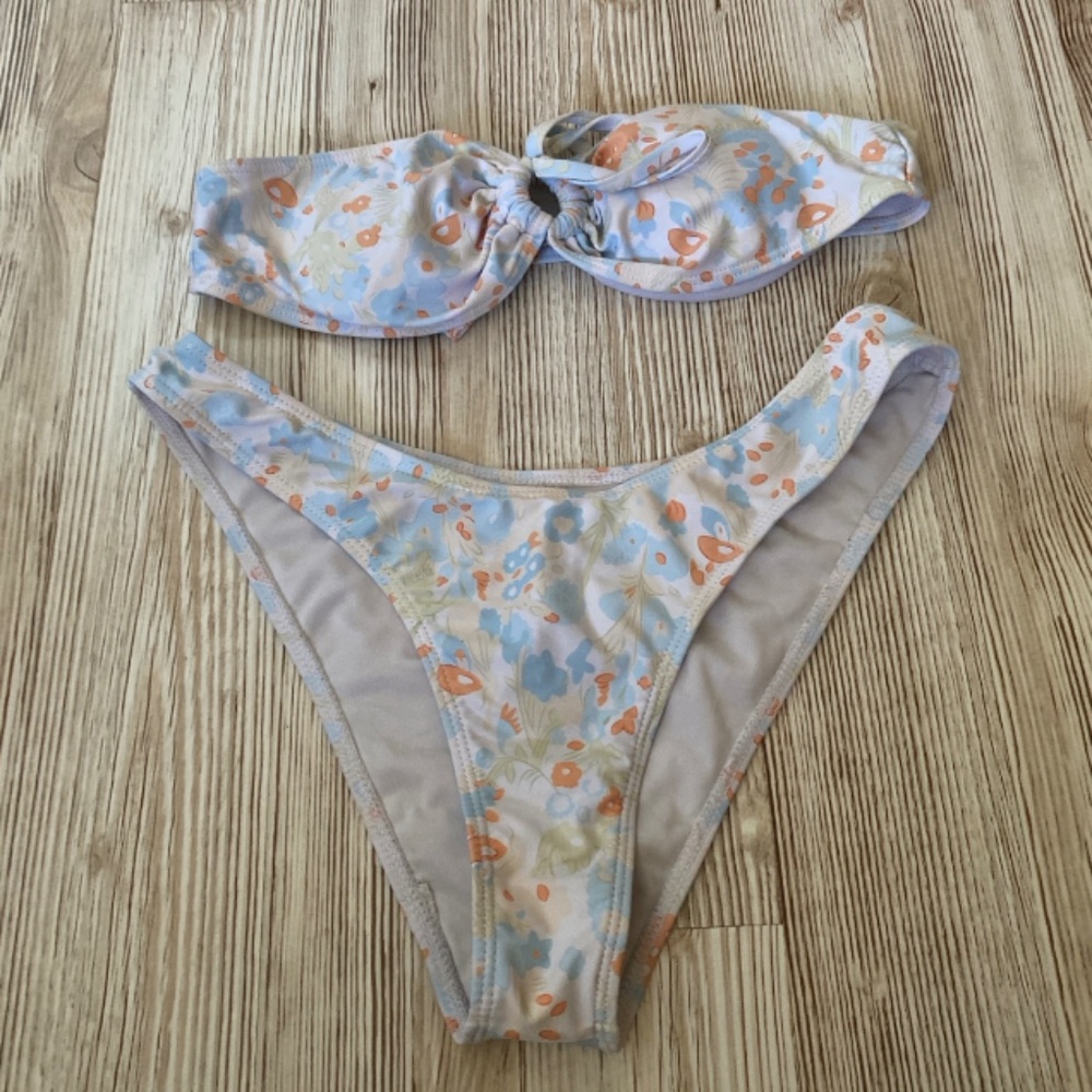White floral strapless bikini set, high rise size medium